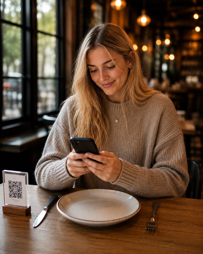 Persona usando la guía Rinblest en un restaurante